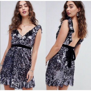 Free People Sequin Siren Mini Dress 2 Purple Black Low Cut Ruffled Glam Party